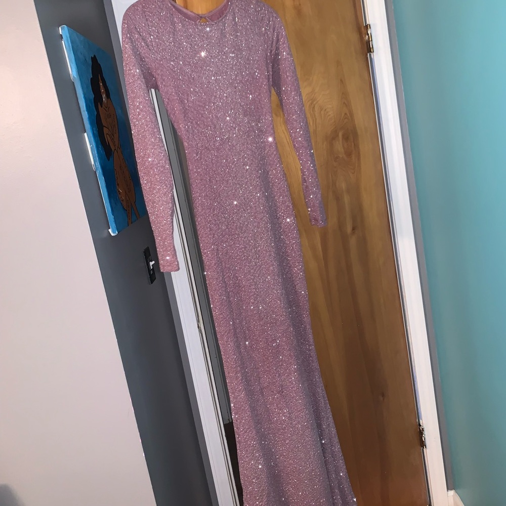 Purple sparkly open back formal dress